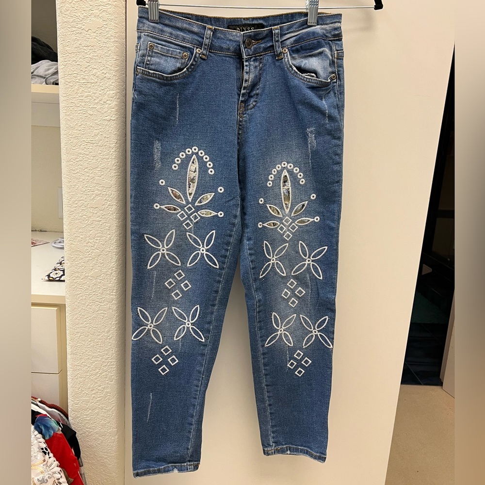 Olyss embellished fashion mirrored cropped jeans